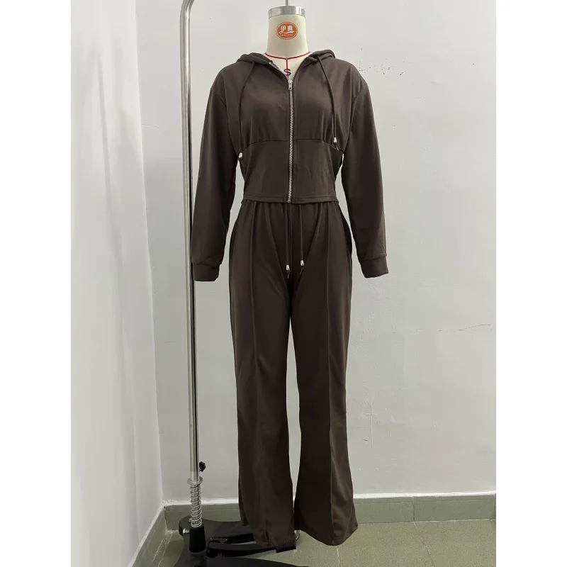 Damen 2-teiliger Trainingsanzug mit Kapuze, Reißverschluss-Crop-Jacke und hochtaillierter Schlaghose, lässiges Sport-Outfit für Damen – Detail 5