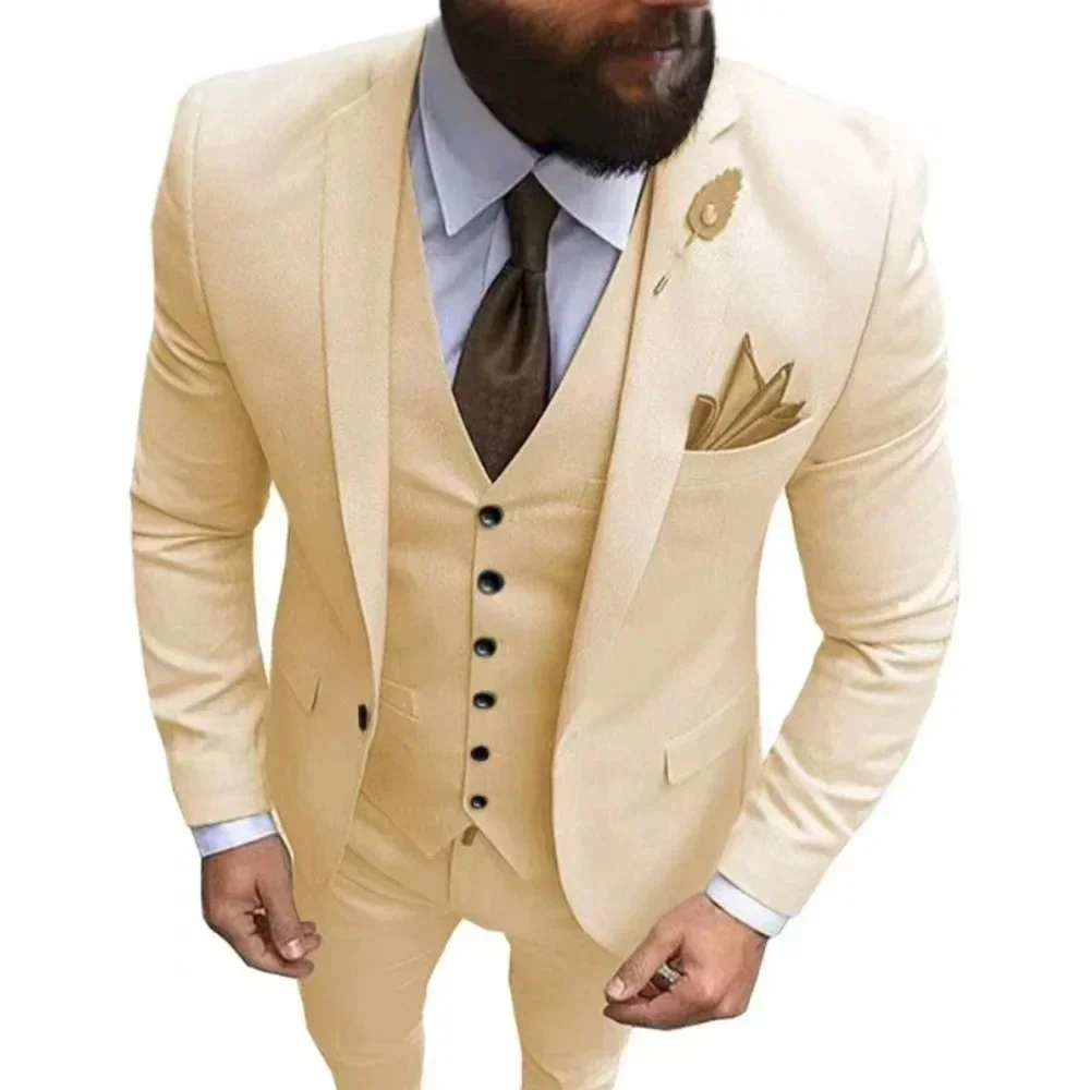 

Latest Coat Pant Designs Beige Men Suit Black Lapel Formal Tuxedos Wedding Suit For Men Prom Party Dress With Vest 3 Pieces