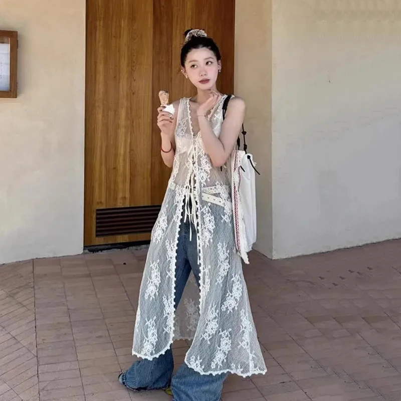 Seksowna koronkowa sukienka na ramiączkach Koreańska moda Wydrążona koronkowa długa sukienka Letni Harajuku Szykowny kardigan bez rękawów z dekoltem V Top Vestidos