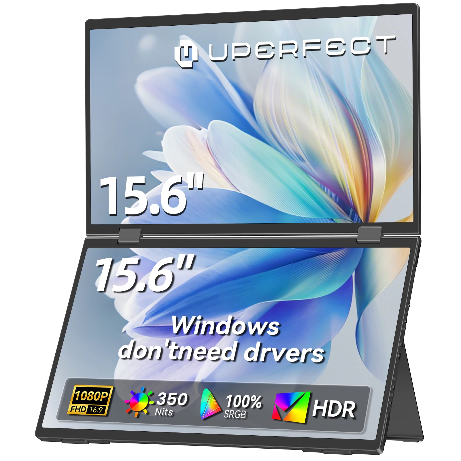 Extensor de pantalla para computadora portátil UPERFECT de 15,6" 1080P, pantalla dual con altavoz, HDMI, USB-C, triple monitor para computadora portátil, MacBook, Surface PC, Xbox PS5 con soporte