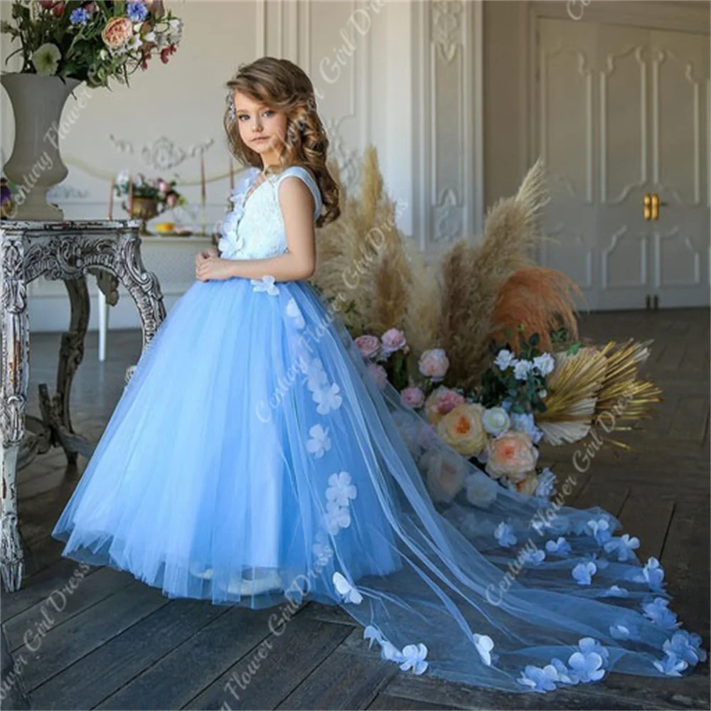 

Blue Flower Girl Dress for Kids Blue Lace 3D Floral Tulle Train Sleevless Ball Gown Wedding Party Bridesmaid Gowns Dresses