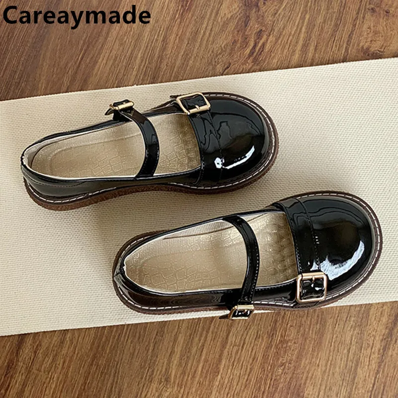 Careaymade-Genuine leather Women's shoes Lacquer Leather Round Head Flat Bottom Small Leather Shoes Women's Summer Single Shoes