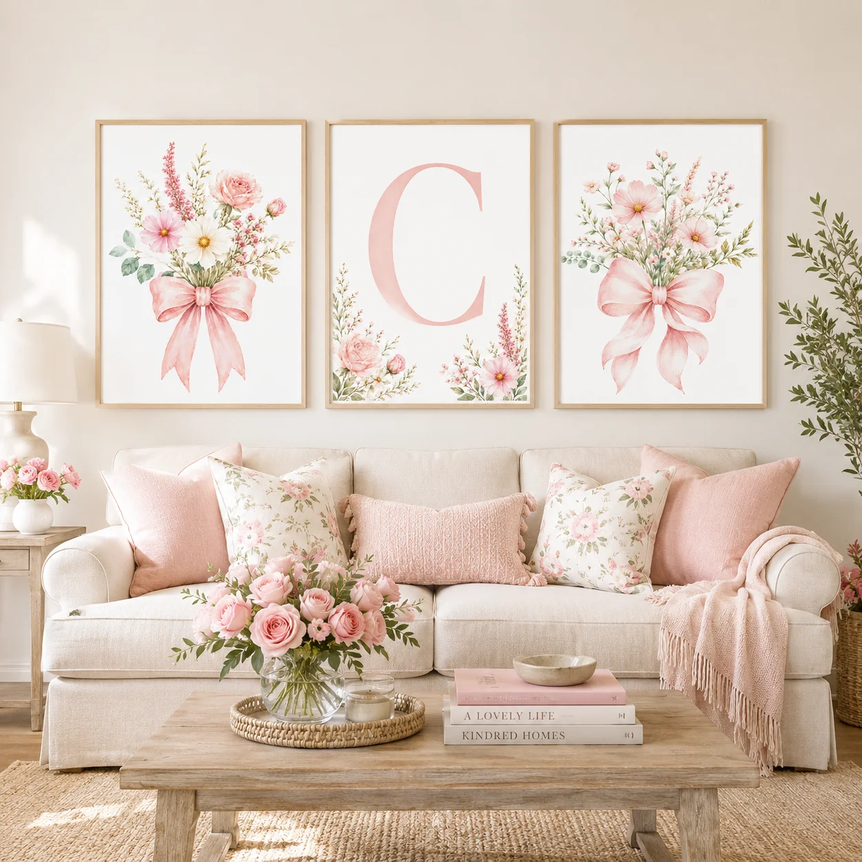 Floral Alphabet Wall Art Custom Letter Canvas Painting Pink Flower Poster Print Nursery Wall Decor