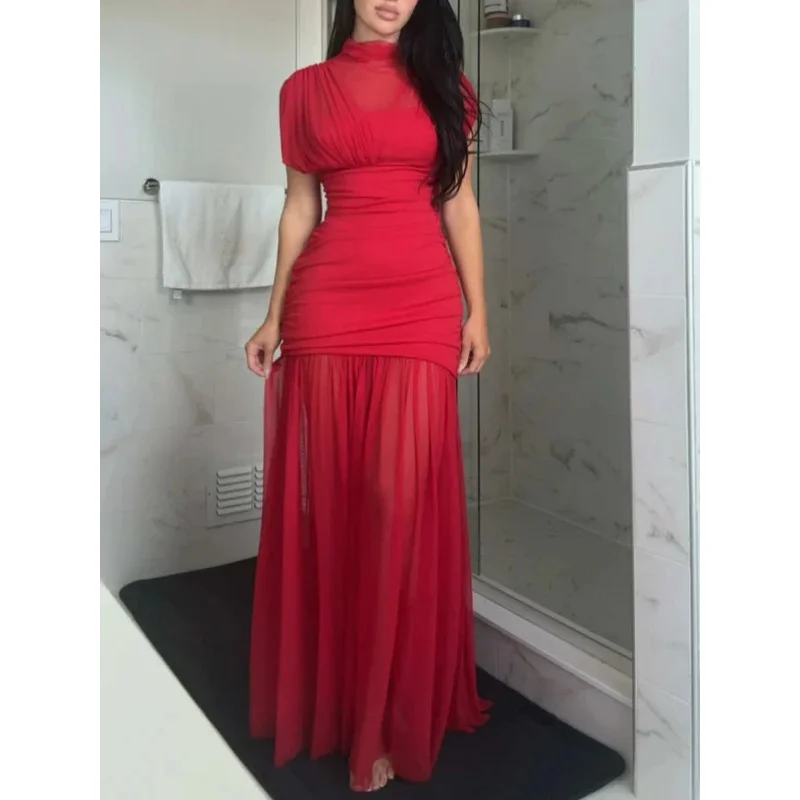 

Summer Sexy Women's Sleeveless Midi Dress Stitching Design Pleated Tulle Elegant Chic Zipper Beach Party Holiday Dress
