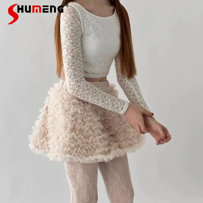 

New Japanese Lolita Style Sweet Cute Pink Skirts Two-wear Layer Cake Mesh Ballet Skirt Can Be Used As Tube Top Women's Clothing