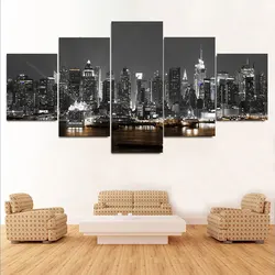 5pcs Canvas Painting Wall Art New York City Construction Scenery Pictures Prints Night View Landscape Poster Home Decor Unframed
