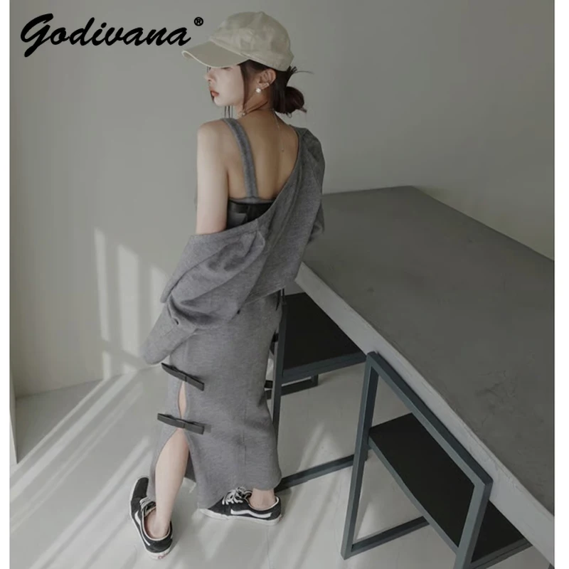 Japanese Style New Autumn Sweet Bow Decorative Slim-fitting Knitted Strap Long Dress + Long-sleeved Short Cardigan 2 Piece Set