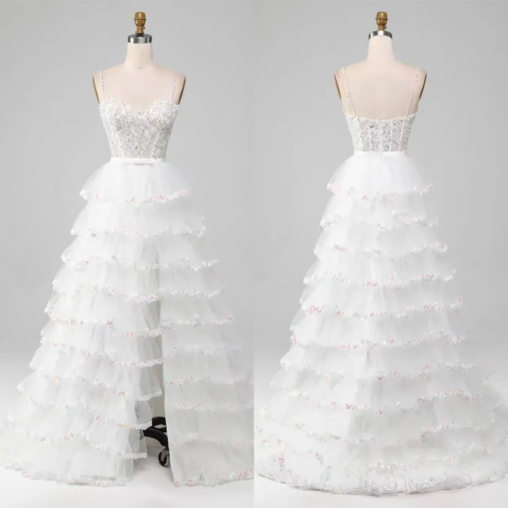 

High Quality Customized Sweetheart High Fork Floor Length Tiered Thin Suspenders Sleeveless Appliques Платье Корейский Стиль