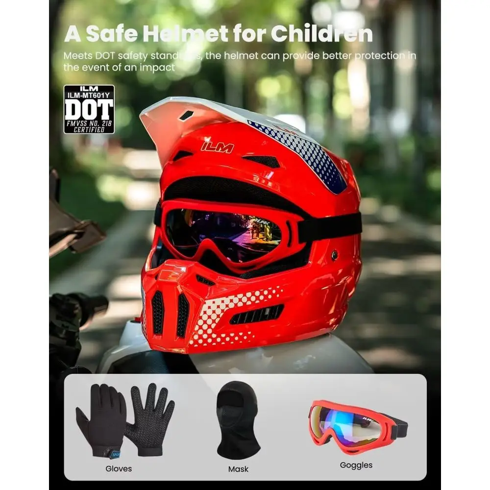 Youth Dirt Bike Helmet with Goggles, Gloves, and Mask for Kids ATV, BMX, and Off-Road Riding (Popart Red, Youth-Medium)