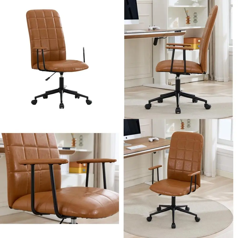 

Винтажное офисное кресло из коричневой искусственной кожи с подлокотниками, высокой спинкой, мягким сиденьем, поворотное, с регулировкой высоты, на черном основании с колесиками