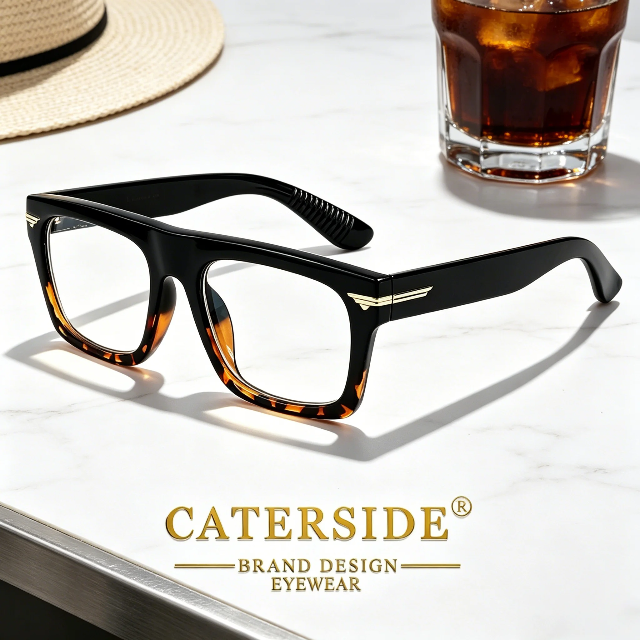 CATERSIDE Square Anti Blue Light Glasses Frame for Men and Women Thick Frame Eyewear Metal Wing Decoration Fashion Glasses Frame