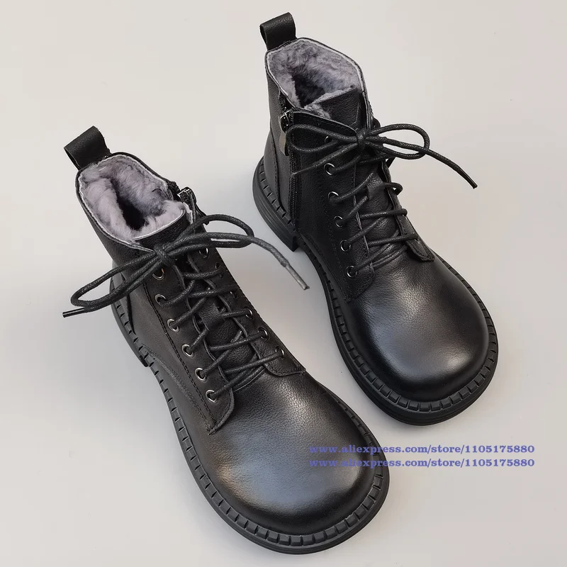 Reine Wolle Schnee Stiefel Große Runde Kappe Low Top Leder Schuhe Echt Leder Dicken Sohlen frauen Schuhe Winter Anti-kälte Frauen Stiefel