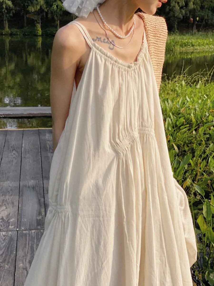 French Style Casual Strap Sundresses Relaxed Loose Strapless Dresses Women's Retro Long Resort Seaside Holiday Beach Dress