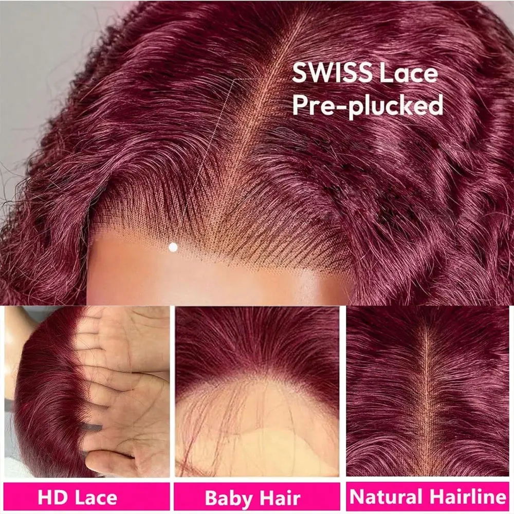 Perruque Lace Front Wig naturelle bouclée, cheveux humains, Deep Wave, bordeaux 99j, 13x4, couleur 99J, densité 250%, pour femmes