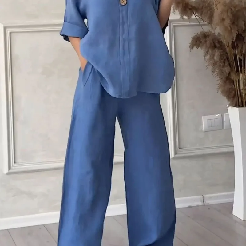 2024 New Women\'s 2-piece Cotton And Linen Shirt Wide-leg Trousers Two-piece Casual Suit High-waisted Loose Trousers