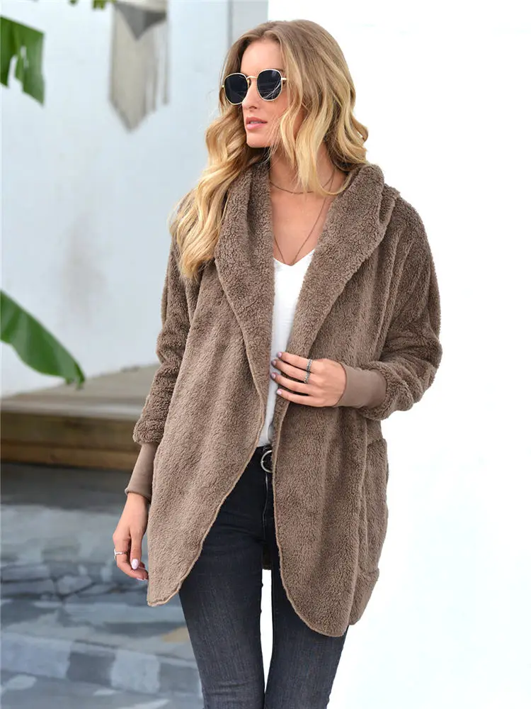 

Women Winter Fleece Sweater Hooded Double-Sided Plush Cardigan Plus Size 3XL Loose Gown Sherpa Puffy Hoodies