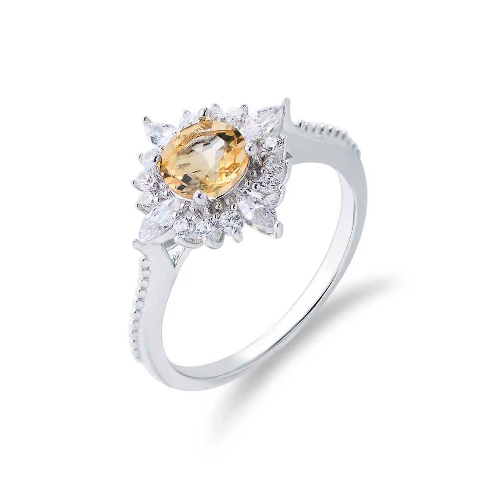 

S925 Silver Diamond Citrine Ring - Natural Stone, Unique Ins Eur-US Cool Premium Jewelry