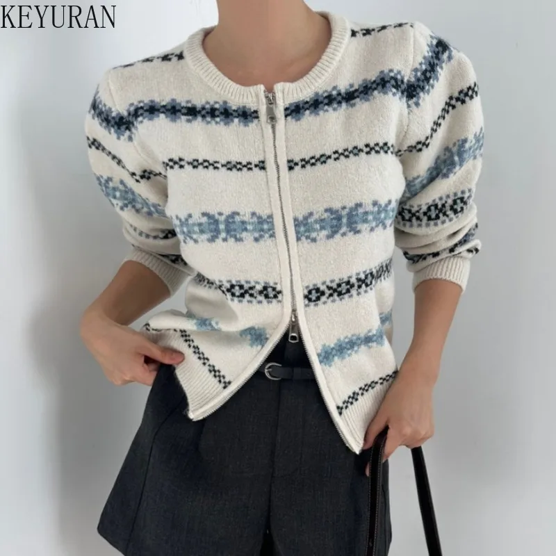 

Японский вязаный свитер в стиле ретро для женщин, новые осенние корейские свободные кардиганы в полоску со снежинками, свитера, женские джемперы