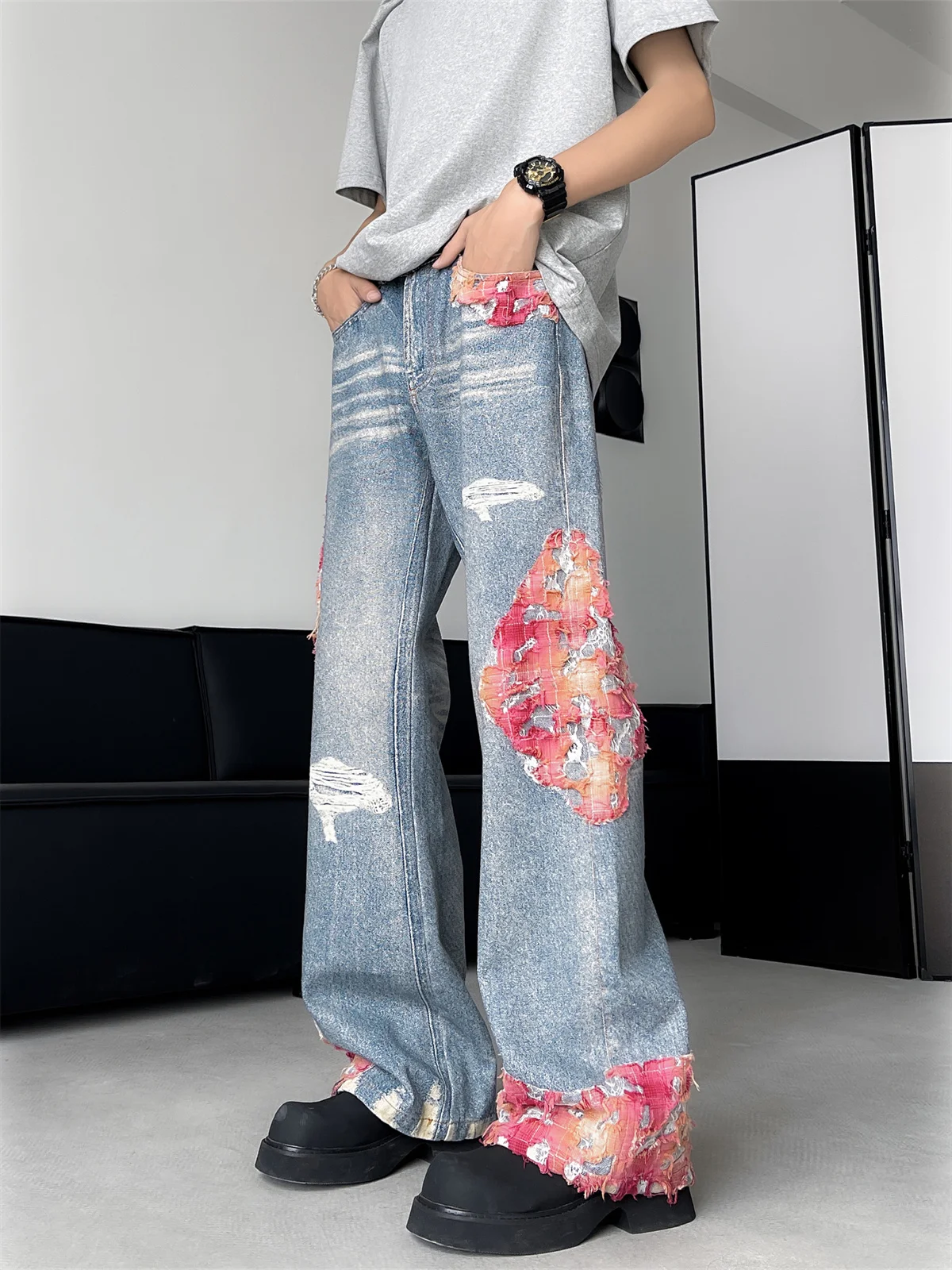 

Retro American Washed Loose Men's Jeans Street Style Bell Bottoms Casual Straight Leg Long Trousers Trendy Summer Jeans