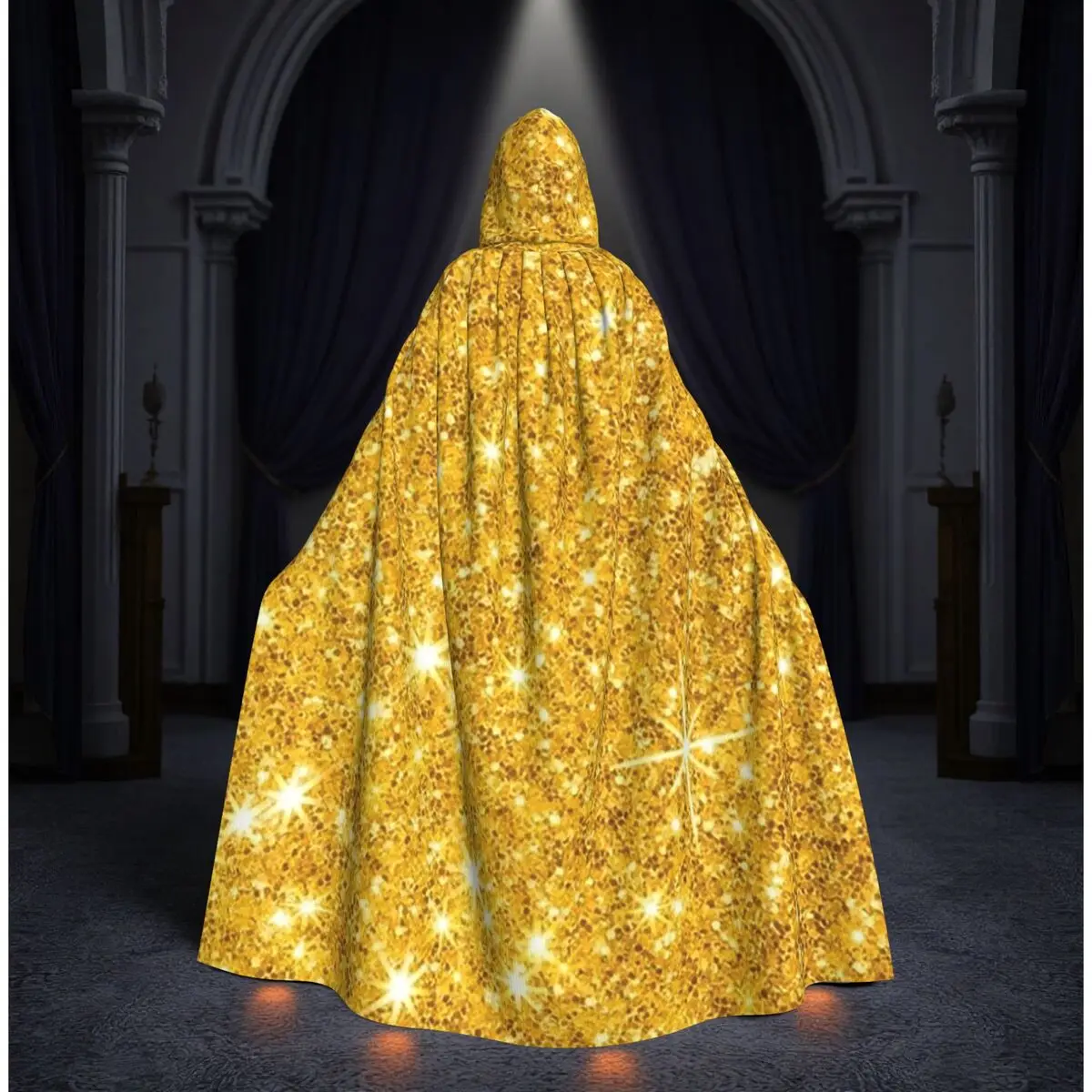 

Glitter Gold Long Hooded Cloak Witch Medieval Costume Cosplay Cape HalloweenParty Adult Unisex