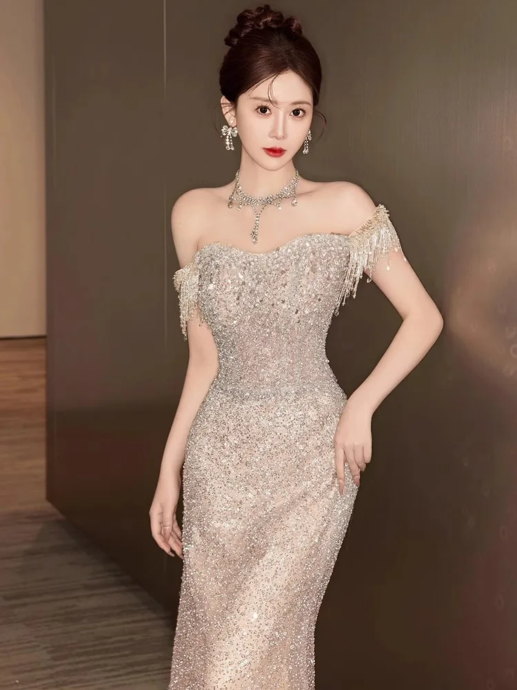 

Light Champagne Prom Dress Female Tassels Sequins Boat Neck Off Shoulder Mermaid Long Wedding Party Evening Gown Vestidos Fiesta