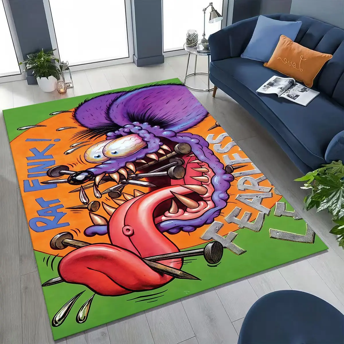 Rebellious RAT FINK Cars Sign Cartoon Rug for Bedroom Living Room Sofa Home Doormat Decor, Large Kids Play Non-slip Floor Mat