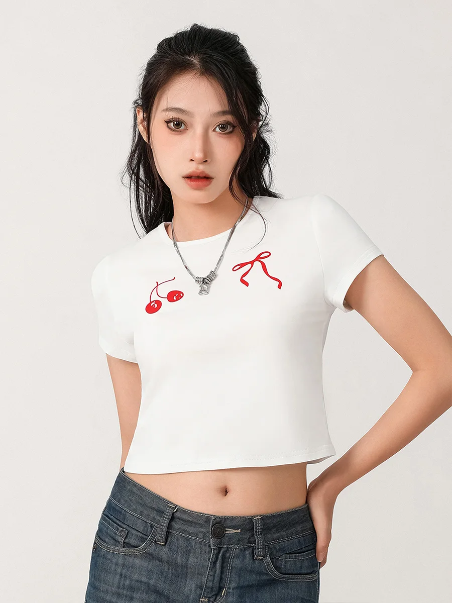 Women Bow Print T Shirt Cute Bunny Graphic Baby Tees Short Sleeve Crop Top E Girls Y2K Aesthetic Pullovers Clothes