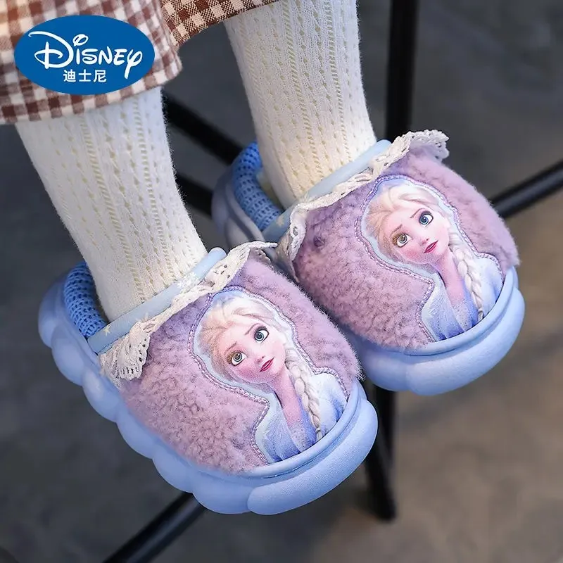 Disney Princess Elsa Frozen Slippers for Girls in Autumn Winter Indoor Warmth Non slip Children\'s Plush Cotton Blue Purple Shoes