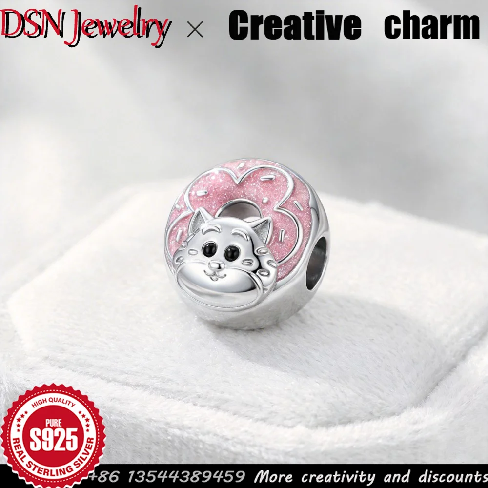 DSN Jewelry Designer Charm de Plata S925 con diseño de Gato Donut de Dibujos Animados y Esmalte con Purpurina Rosa para Pulsera y Collar, Regalo de Joyería Encantador