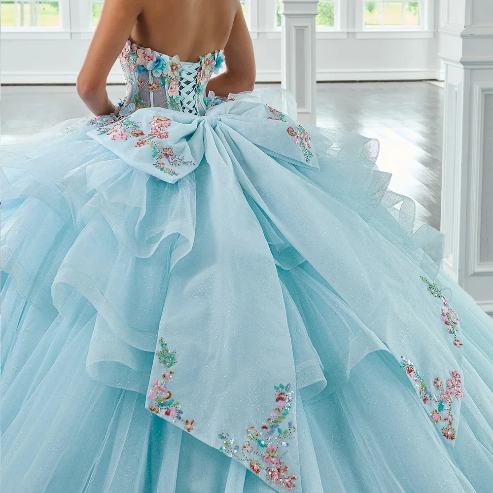 فساتين Quinceanera جديدة باللون الأزرق الفاتح 2026 فتاة حلوة 15 16 فستان حفلة عيد ميلاد على شكل قلب مزين بالدانتيل فستان مكسيكي بدون ظهر