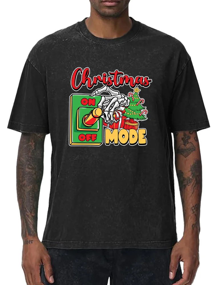 

Skull Hand and Switch 230g Heavy Cotton Washed Oversized T-Shirt for Men Christmas Graphic Tee Retro Casual Top
