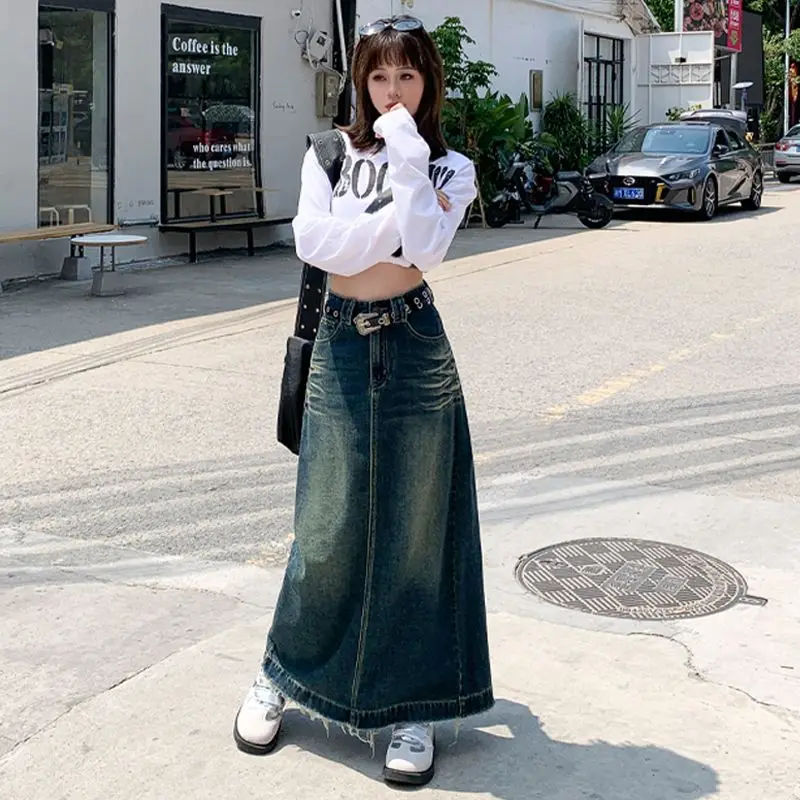 

High-Waisted Denim Skirt Women's Clothing Summer New Vintage Design Sensibility Niche A- Line Slimming Long Dress Skirt Summer