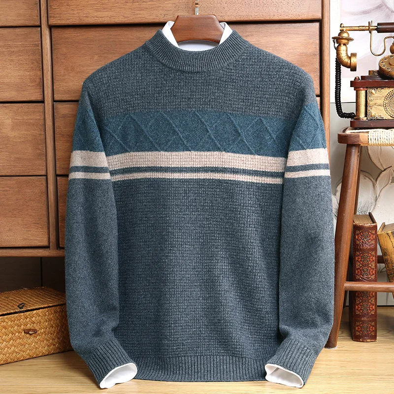 23 Autumn And Winter New Men\'s Pure Wool Round Neck Embedded Pattern Color Matching Pullover High End Thickened Knitted Sweater