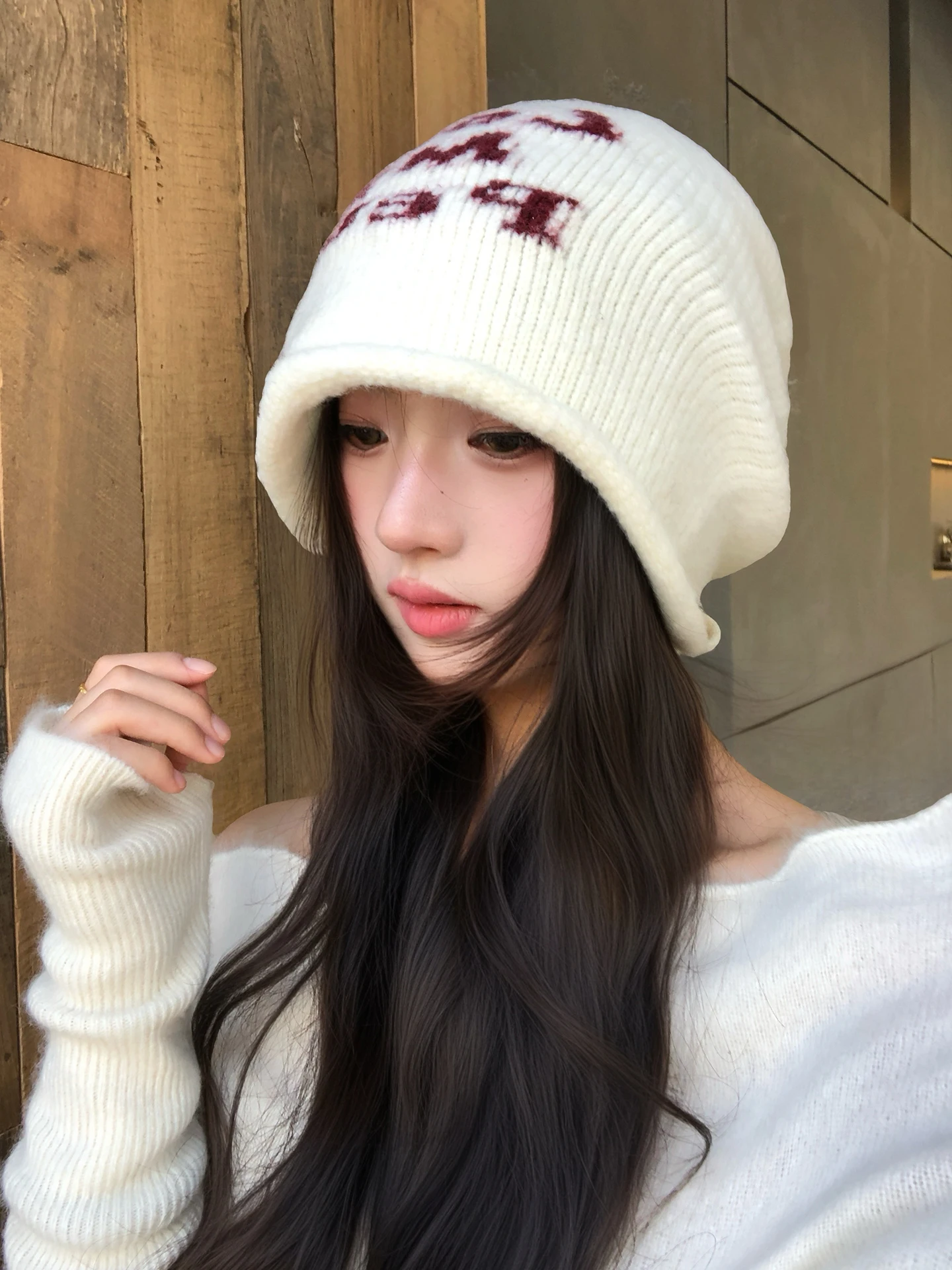 Korean Style Letter Plaid Dog Knitted Hat Women's Autumn Face Slimming Fashionable All-Match Atmosphere Sense Overhead Hat