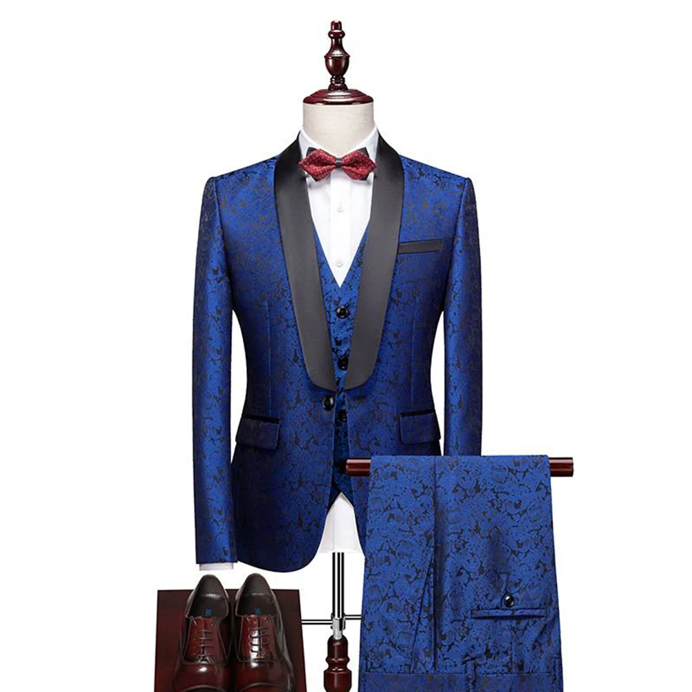 

2022 High Quality Business Men Suits Royal Blue Jacquard Groom Tuxedos For Wedding Party Dress 3 Pieces（Blazer Vest Pants）