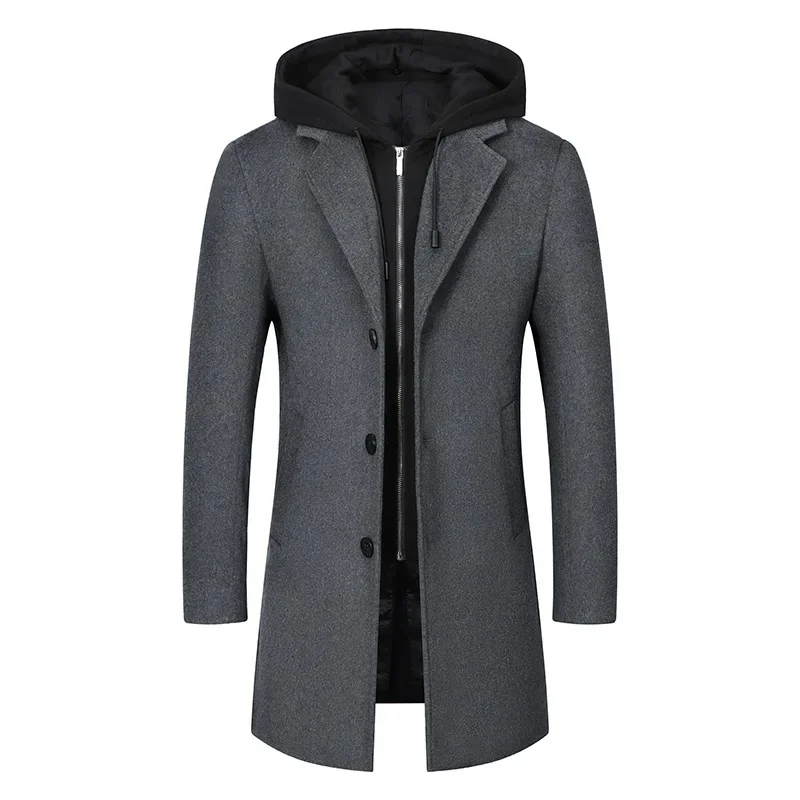 

Winter Men's Woolen Coat Hooded Fake Two Piece Thickened Men Long Cashmere Coat Business Casual High Quality Men Park coat men