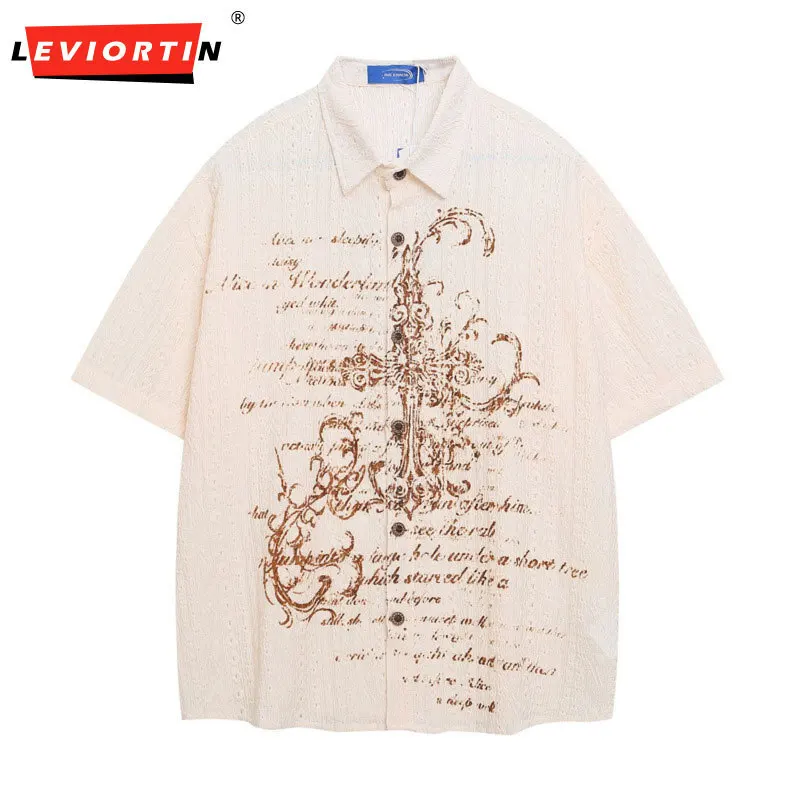 

American men's 2025 summer new youthful popular printed letter design breathable loose retro casual versatile couple shirt