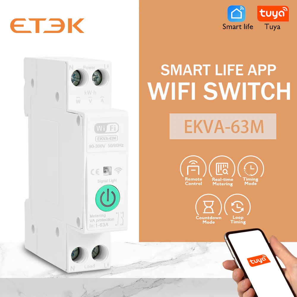 ETEK Tuya WiFi Smart Switch 1P N 63A 90-300 Voltage Timer Power Energy KWh Voltage Voice Remote Control Circuit Breaker