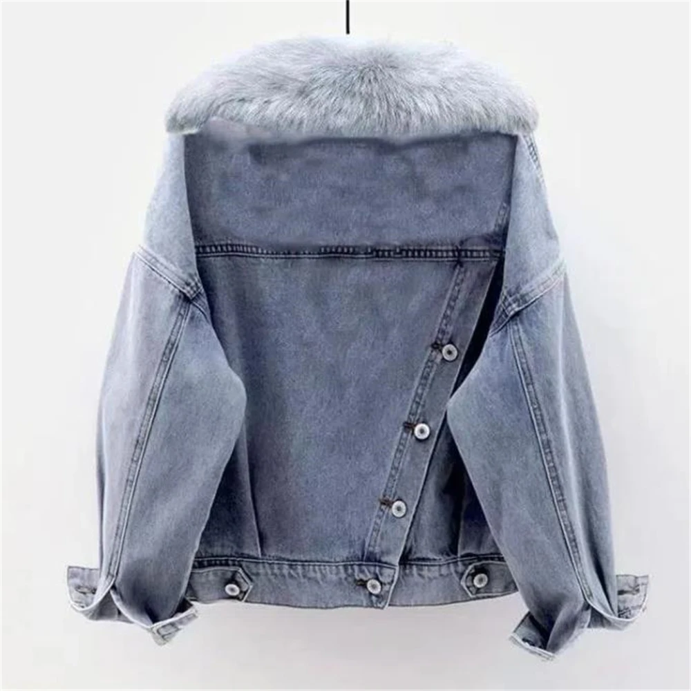 Winter Denim Jacket Women Fashion Fur Collar Warm Fleece Velvet Lining Denim Coats Bomber Outerwear Female Blue Chaqueta Mujer