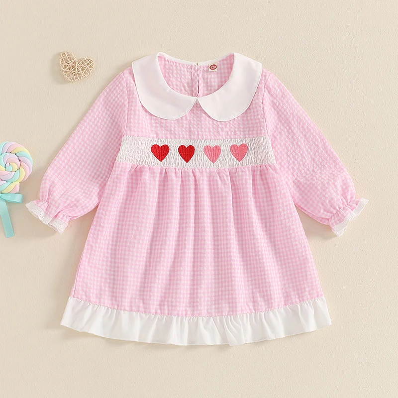 Adorable Toddler Girl Valentine’s Day Dress with Long Sleeves and Doll Collar Featuring Heart Embroidery - Sweet A-Line Dress