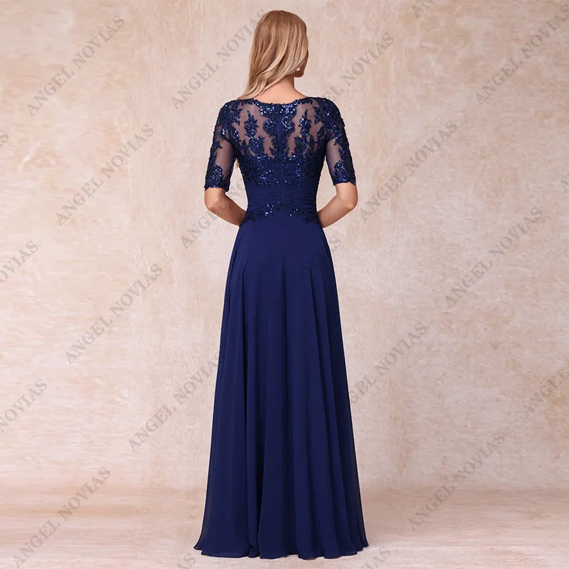 Customized Long Blue Chiffon Mother of Bride Dresses with Short Sleeves Wedding Party Dress vestidos de fiestas elegantes mujer