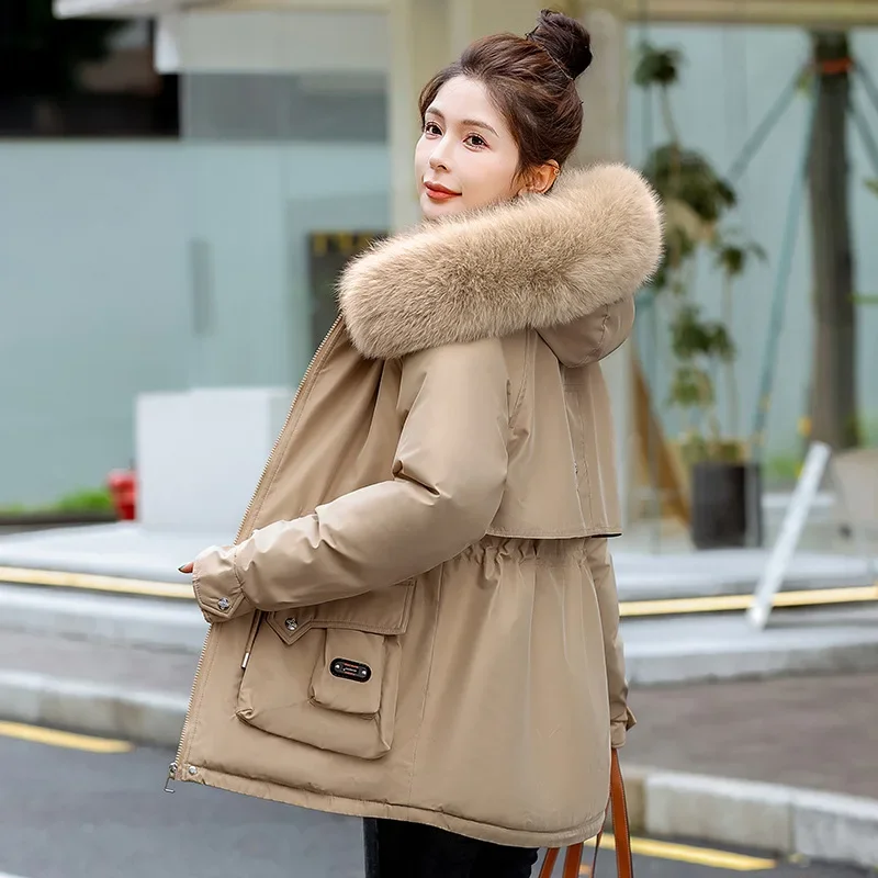 Women Winter Jacket Parka Clothes Loose Coat Wool Liner Hooded Jacket Fur Collar Warm Thick Snow Wear Oversize Padded Parka