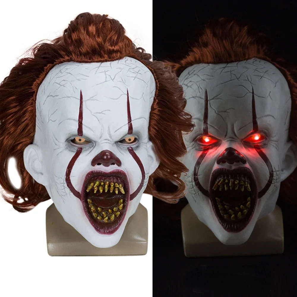 Horror LED Clown Mask Halloween Masque Pennywise Cosplay Latex Glowing Joker Mask with Multicolor Hair Wig Joker Mask for Adult