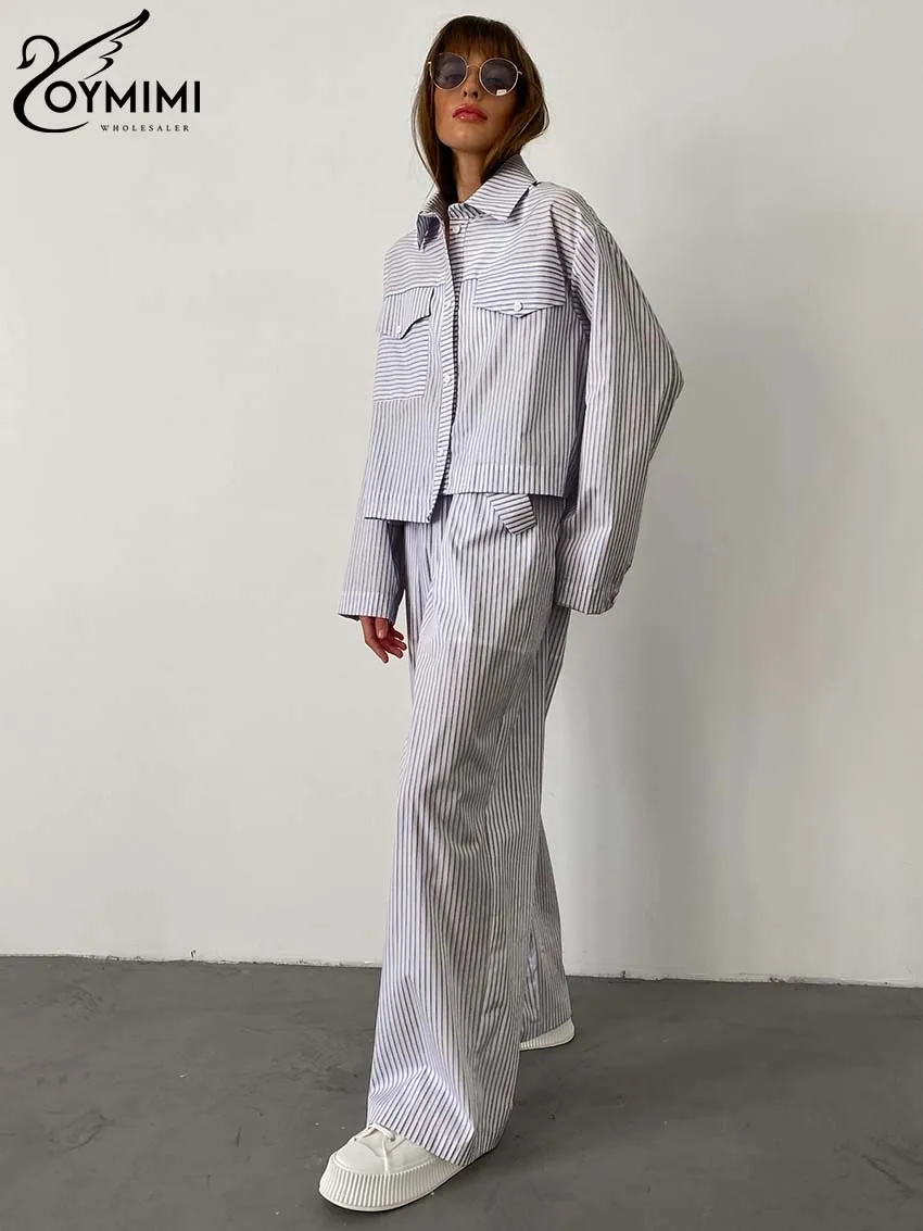 Oymimi-Ensemble 2 Pièces Élégant à Rayures Bleues pour Femme, Chemise à Manches sulfet Poches, Pantalon Droit, à Revers, à la Mode