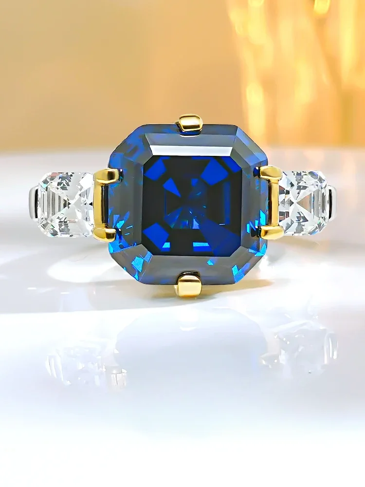 

Desire 925 Sterling Silver Artificial Blue Treasure Ring Inlaid with High Carbon Diamonds, Elegant Design, Versatile Asche