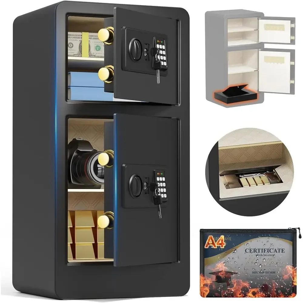 

Extra Large Waterproof and Fireproof Safe Box with Double Doors, A4 Bag, Digital Keypad, Spare Key, and Smart Alert for Home Sec