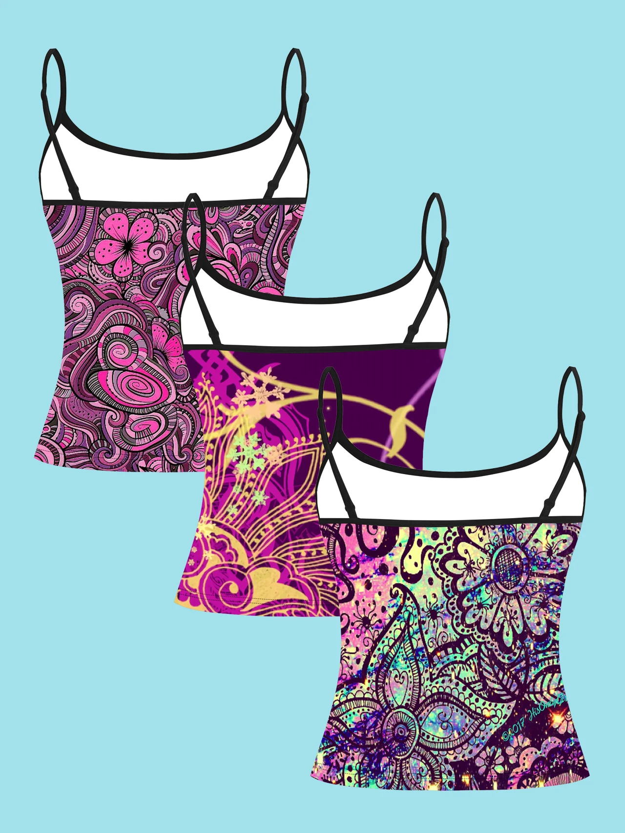 3-Piece Set of Purple Pink Graffiti Mandala Line Drawing Printed Thin Camisole Tops, Deep Purple Gold Patterned Floral Colorful Glitter Slim Fit Sleeveless Tops, Artistic Style Inner and Outer Wear Base Shirts