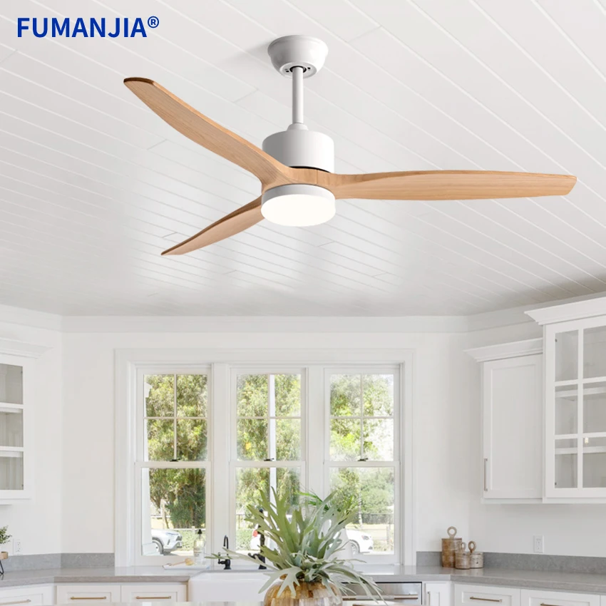 FUMANJIA 42/52/56/60 Inch 3 Solid Wood Blades Ceiling Fan with Light, Silent DC Motor Remote LED Lamp for Bedroom Dining Room