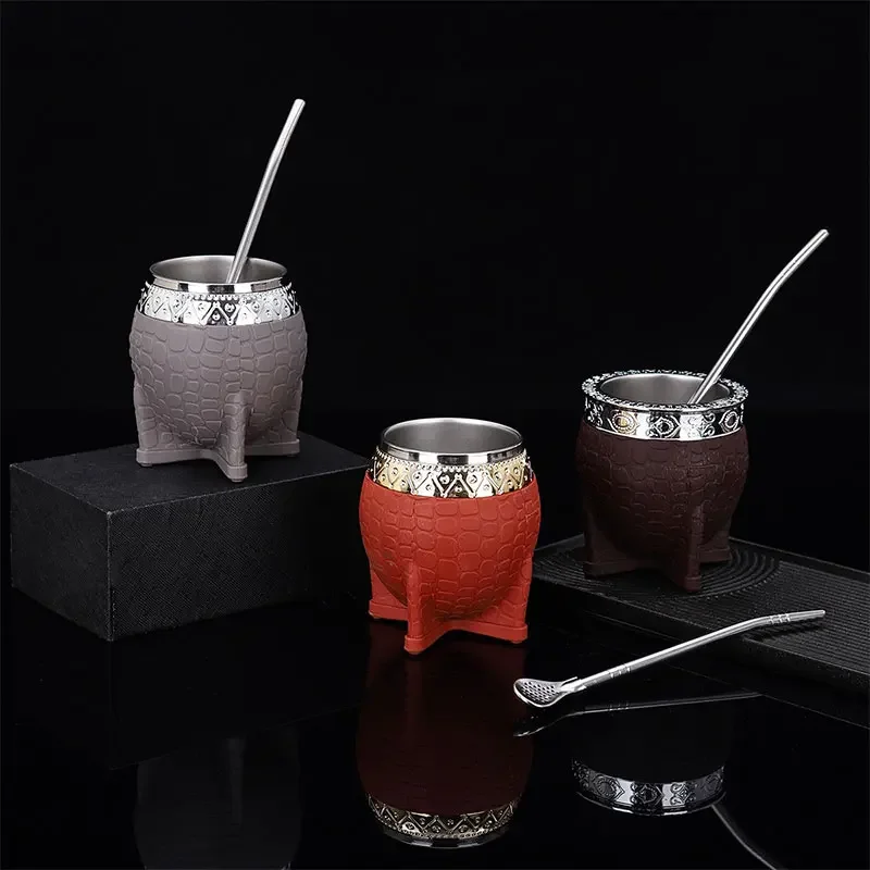 

Stainless Steel Double Walled Paraguay Tea Cup Flat Bottomed Glass Coffee Cup With Straw Turtle Shell Texture Eggshell Cup