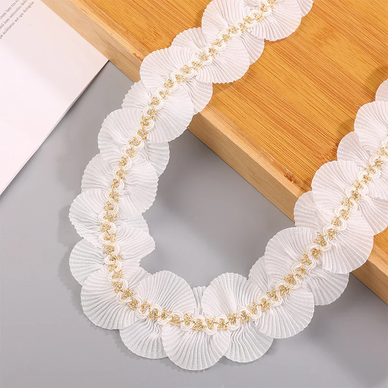 

45 Yards 50MM S-Shape Gold Thread White Edge Fold Lotus Leaf Snow Yarn Ribbon Hair Bows DIY Handmade Crafts Accessories 9581